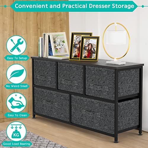 Pipishell Chest of Drawers, Fabric Storage Drawers easy to Install, Dresser with Wood Top and Large Storage Space, Vertical Chest of 5 Drawers Bedroom, Living Room, Nursery Room, Hallway, Black