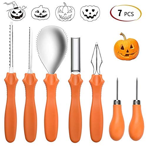7 pieces Halloween Pumpkin Carving Kit with Heavy Duty Stainless Steel Reusable Professional Pumpkin Carving Tools Set for Child and Adult, 8.3 x 3.9 x 2.2 inches, Orange