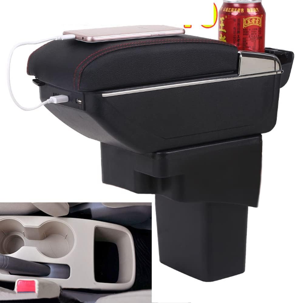 Car Center Console Armrest Storage Box with 7USB Replacement for Hyundai Verna/Accent/Solaris/Dodge Attitude RB 2012 2013 2014 2015 2016 Interior Parts Armrests Storage Box(Red Stitches)