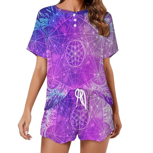 Pyjama court femme mandala violet en coton léger pour l'été