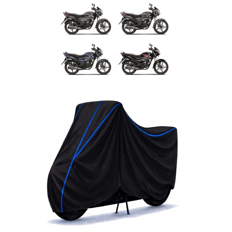 Image of CB Shine 125 Bike Cover Water Resistant Universal Motorcycle Rain | Heavy Duty UV Protection, Dust, Scratch Indoor Outdoor All Weather with Black Blue Piping Elastic