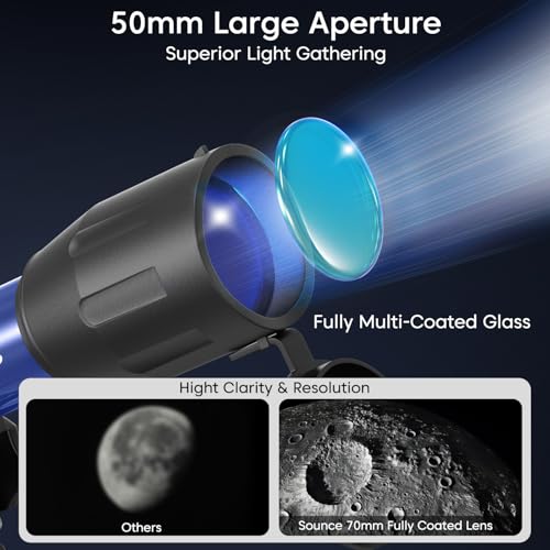 Image of Sounce 50mm Astronomical Land and Sky Refractor Telescope with 28.8x -86.4x Zoom Fully Coated Optics Compatible with Beginner Astronomy Viewing for Kids and Adults Portable Tripod Phone Holder (Black)