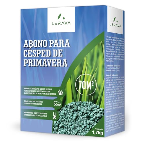 LERAVA abono césped primavera (70 m²) - fertilizante césped liberación lenta - abono con protección fúngica y efecto duradero - fortalece el prado y realza su color verde intenso - 1,7 kg