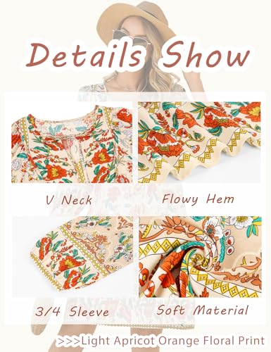 Image of Bluetime Women Casual Summer Dress Boho V Neck 3 /4 Sleeve Babydoll Floral Print Flowy Beach Dress