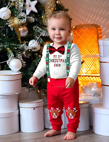 KANGKANG Baby Boy Christmas Outfit My First Christmas Ever Gentleman White Rompers + Suspender Pants 2Pcs Christmas Set3