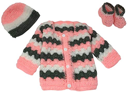 Hand Made 3 Piece Knitted Chevron Stripe Sweater Pink Grey & Blue Grey Baby Crochet Set- Newborn Toddler Wool Sweater Set (0-6 Month, Pink Grey White) #TOP1