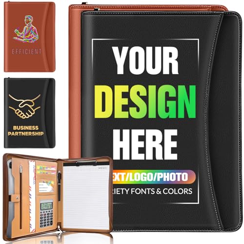 Personalized Print Leather Portfolio Custom Monogrammed Padfolio with Zipper Customized Executive Folio Binder with Logo Text Business Gifts for Men