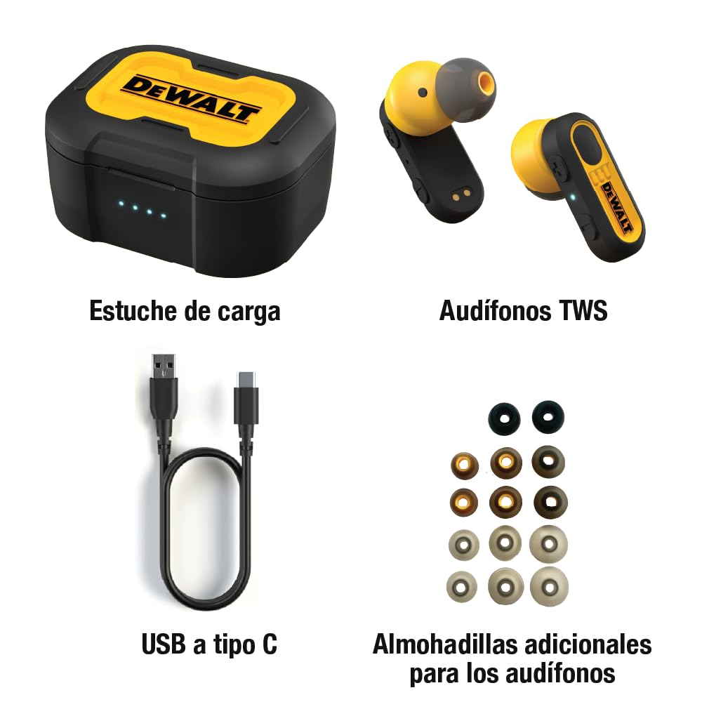 DEWALT Audífonos inalámbricos Verdaderos de Alta Resistencia, Auriculares Bluetooth con Estuche de Carga Tipo C Incluido, más de 30 Horas de duración de batería, fácil configuración para iPhone,