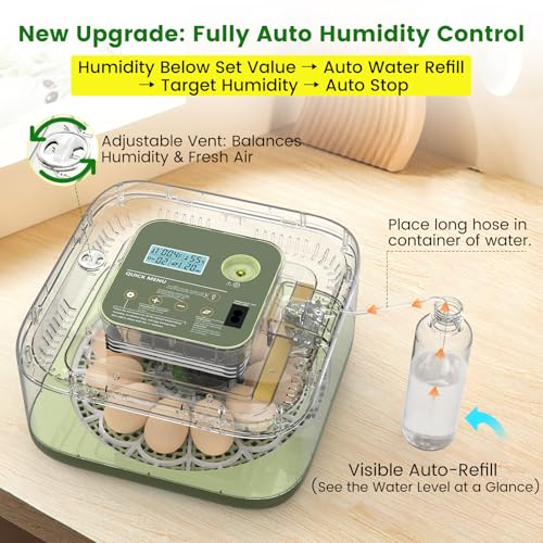 12 Egg Incubator with Automatic Turning, Auto Water Refill & Temp/Humidity Control, Plus Hatching Guide, Digital Hatcher for Chicken, Duck, Quail, Pigeon Eggs & More