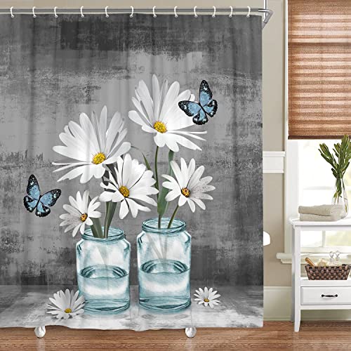 Uokiuki Rustic Farmhouse Floral Shower Curtain Set Grey Gray Teal Flowers Fabric Bath Curtain Butterfly Daisy American Country Wooden Farm Style Wiht 12Pcs Hooks 70×70In Turquoise #TOP25