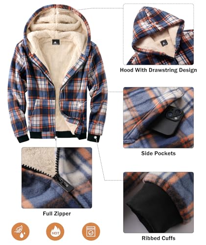 Image of Mens Plaid Hoodies Winter Zip Up Fleece Jacket Sherpa Fleece Lined Warm Flannel Jacket Coat