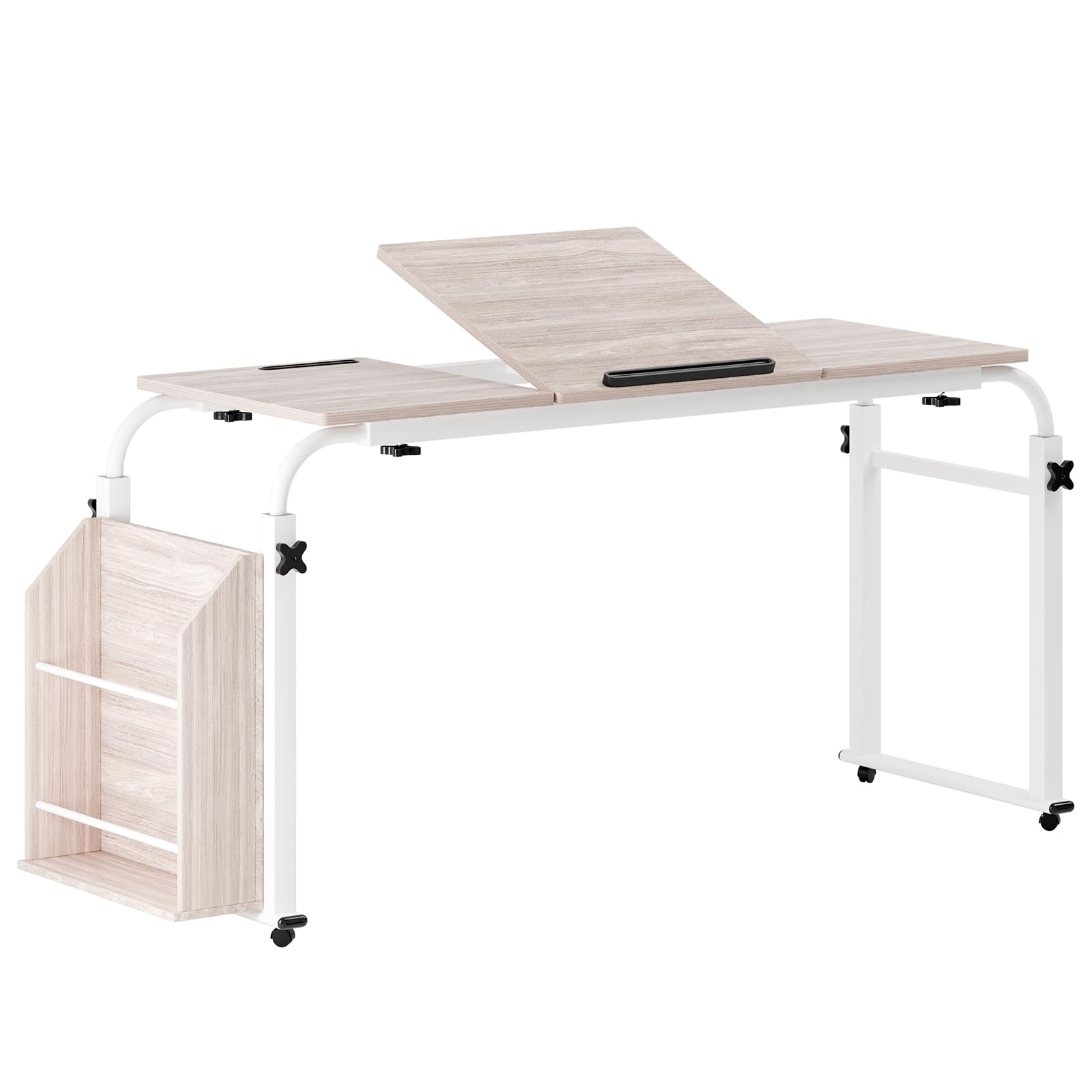 Balurukt White Height Adjustable Overbed Table With Wheels | 40Cm Wide Desktop Over Bed Tables,Overbed Table With 360 Degree Wheels, Side Bookshelf, Over The Bed Tables Adjustable Height And Length 1