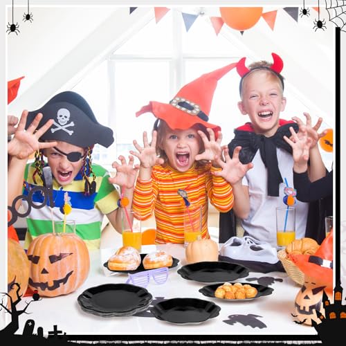 Image of 30 Pcs Black Paper Plates, 7 Inch Scalloped Halloween Plates Disposable