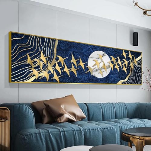 Oiseau doré et lune toile d'art mural de luxe dsdsgog salon 55x165 cm