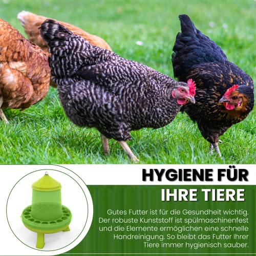 Futterautomat mit Füßen mit 2, 4, 8, 12 und 16 kg grün I Hühner, Geflügel Futterspender I Automatischer Spender für Hühnerfutter I Futterstation aufhängbar I Wasserdichter Automat (2 kg)