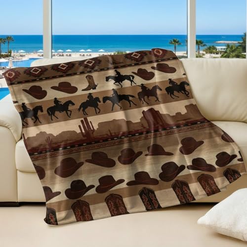 Black White Western Cowboy Print Flannel Throw Bedding, Multi-Size Selection Rustic Desert Cactus Blanket for Couch Bed Camping (10,30in*40in)