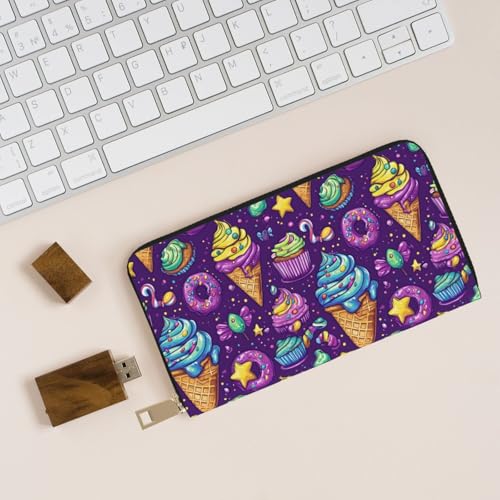 Leather Thin Slim Wallets for Women Men - Fashion Purple Ice Cream Donut Print Card Wallet Holder with Zipper4