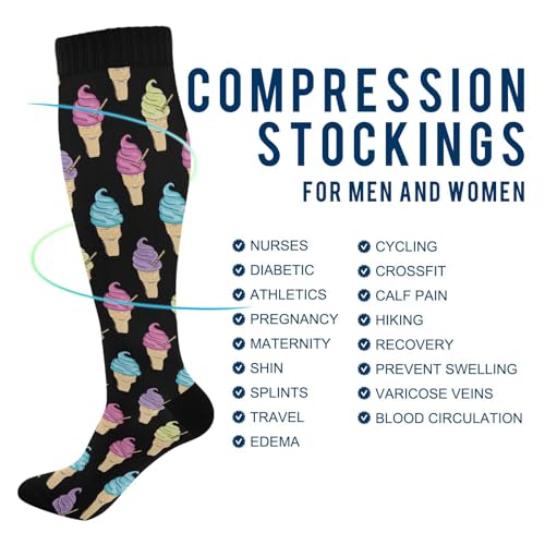 Wusikd Ice Cream Compression Socks for Women and Men Circulation Black Long Socks for Athletic Running 14