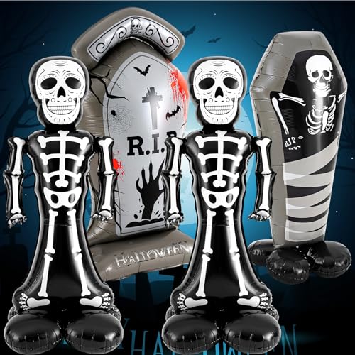 Hungdao HUNGDAO-SKELETON BALLOONS-30 4 Pcs Self Standing Halloween Coffin Balloons Standing 3D Skeleton Balloons With Base Aluminum Foil Coffin Balloon Tombstone Balloon For Halloween Horror Spooky Party Decorations cover