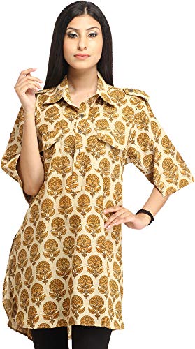 Exotic India Almond-Oil Kurti from Pilkhuwa with Block-Printed Bootis an - Cream
