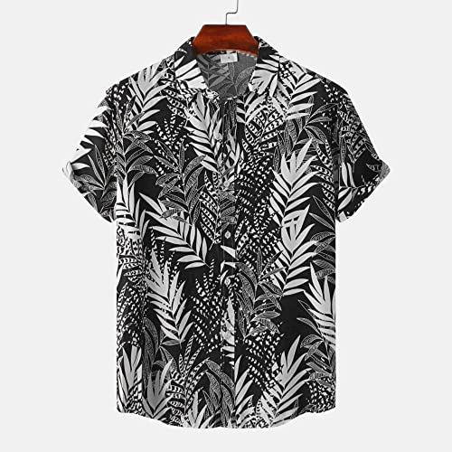 Chemise hawaïenne pour hommes en coton noir à imprimé feuilles de palmier