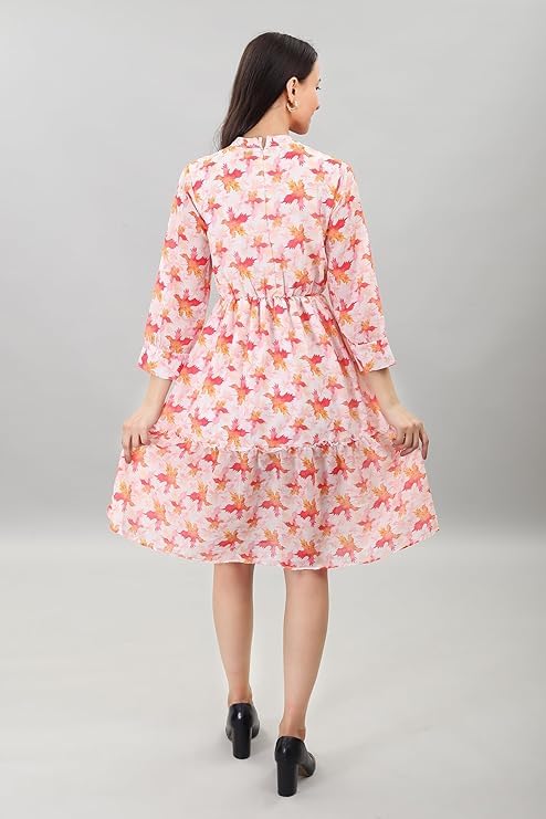 Image of A-Line Floral Printed Fit & Flared Western Brown Dress for Women | One Piece Midi Dress for Women Stylish Western Printed Dresses