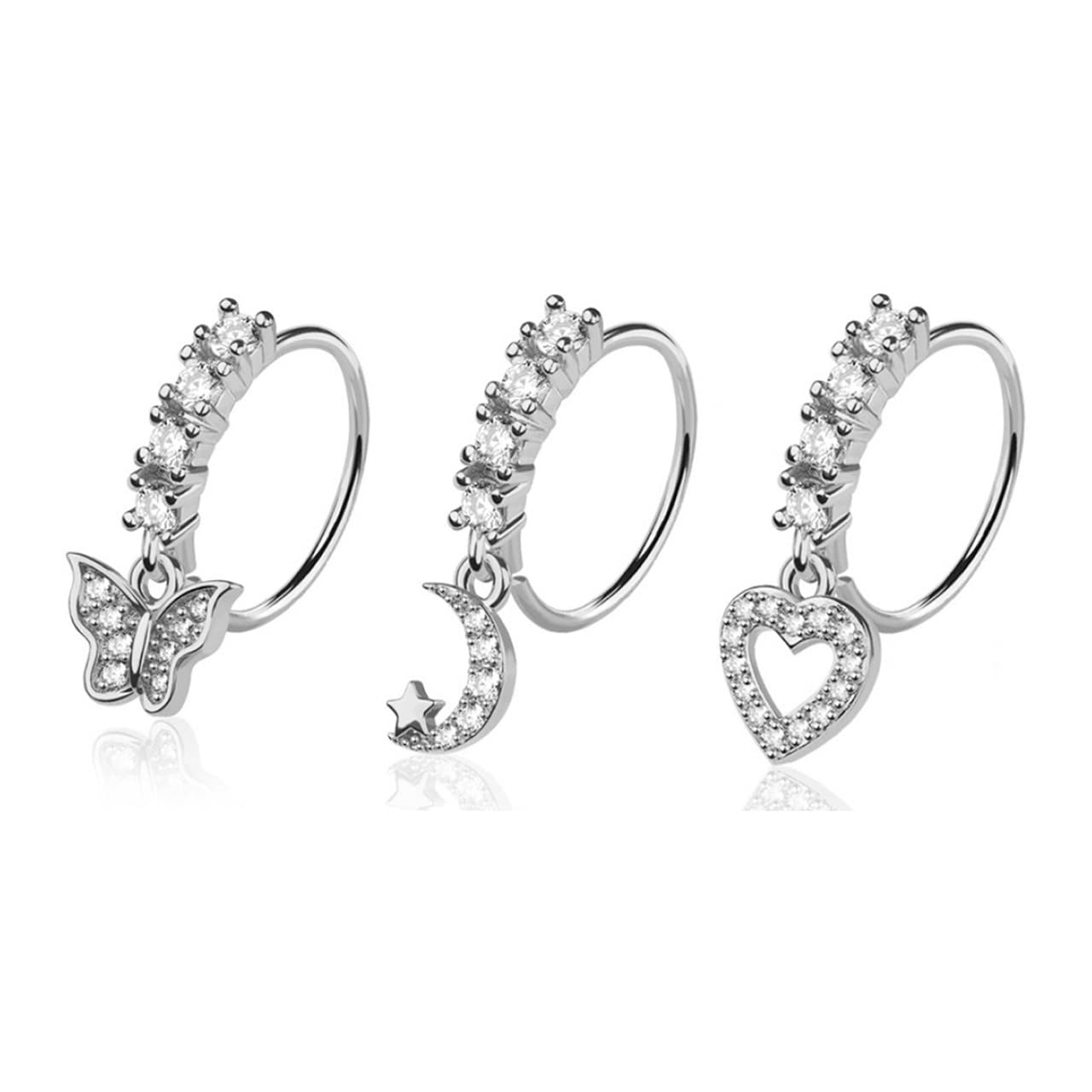 LUXE MODZ 3 aros de nariz de acero quirúrgico de 20 g para cartílago, con circonita cúbica, mariposa, luna, corazón, nariz, 9 mm