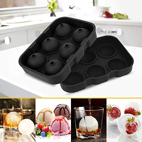 Image of Premium Imported Ice Ball Maker | Silicone 6 Cavity Easy Release 6Cm Round Whiskey Mould with Lid & Funnel for Cocktail & Bourbon - (Color-Black, Weight-300Grams) (Double Black, Standard, Round)