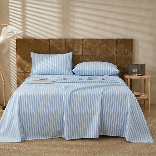 Image of Merryword Blue and White Striped Sheet Set King Size, 100% Cotton Fitted Sheet Set with Deep Pockets, Crisp Cool Feeling, Ribbon Stripes Design, 4-Piece All Season Bedding