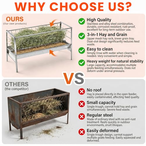 Goat Hay Feeder, 94-Gallon Capacity|8.0\'\' Deeper Feeding Pan, 3 in 1 Grain|Water|Hay Feeder, Stainless Steel Goat Feeder, 59\" Long Livestock Hay Rack for Goats, Sheep, Cow, Horse