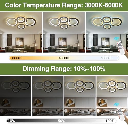 Image of Modern 56W Ceiling Light 4-Rings LED Ceiling Light Fixture with Remote Control Chrome Acrylic Dimmable Flush Mount Stainless Steel Chandelier for Livingroom Dining Room Kitchen Bedroom.