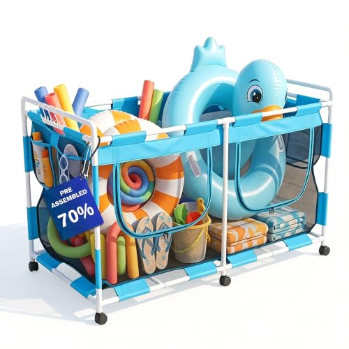 MUSCCCM Pool Float Storage Organizer 288 Gallon Pool Storage Bin - Pre Assembly 70%, Mesh Rolling Cart with Ample Space for Noodles,Water Sports Gear & Towels Outdoor Poolside & Lawn (62'x32'x35')
