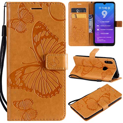 SATURCASE Huawei Y7 2019 Funda, Mariposa Cuero De La PU Magnético Billetera [Ranuras para Tarjetas] [Correa de Mano] Apoyo Protector Funda Carcasa Case para Huawei Y7 2019 / Y7 Prime 2019 (Amarillo)