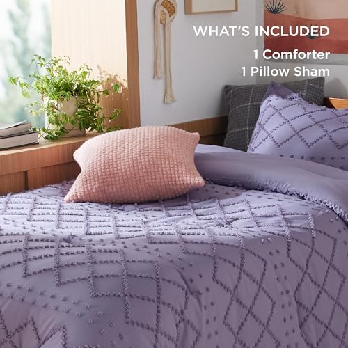 Image of Bedsure Twin Comforter Set - Grayish Purple Boho Twin Comforter, Distressed Vintage Dorm Bedding Set for Kids, 2 Pieces Modern Farmhouse-Style Bed Set, Includes 1 Pillow Sham