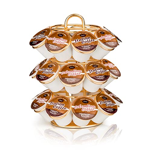 KREWEY Coffee Pod Holder, K Cup Holders Carousel Organizer ,27 Coffee Pods Storage Compatible with K Cups, Spins 360-Degrees, Modern Gold Design ，Round,Shining Gold,3 Tier Home or Office Kitchen Counter Organizer