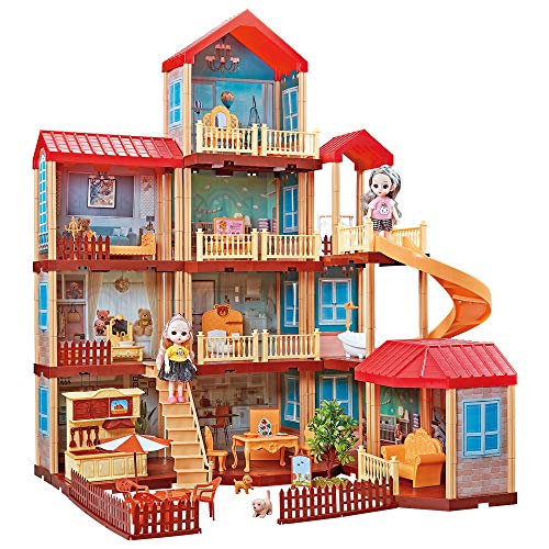 Dollhouse Dreamhouse Building Toys Figure Furniture, Accessories, Movable Slides 1:12 DIY Pretend Play Doll House, for Toddlers, Boys & Girls Doll House Toys for 3-8 Years Girls Kids' Toy Accessories