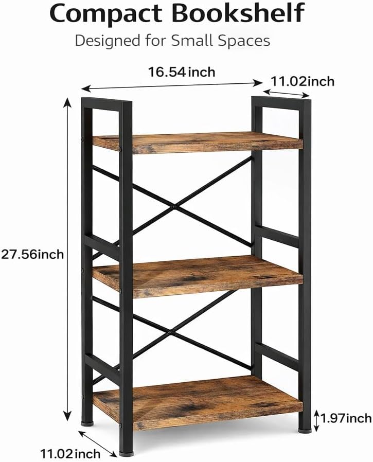 Small Bookshelf for Small Spaces, 3-Tier Industrial Bookcase with Metal Frame and Wood Shelves, Narrow Storage Shelf for Living Room, Bedroom, Apartment