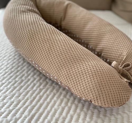 LOOLAY Schwangerschaftskissen - Stillkissen 170 cm - Seitenschläferkissen 100% Baumwolle - mit Abnehmbarem Bezug - Ergonomisches Schwanger Kissen für Schlafen (Waffel Taupe Cappuccino/Punkte Braun)