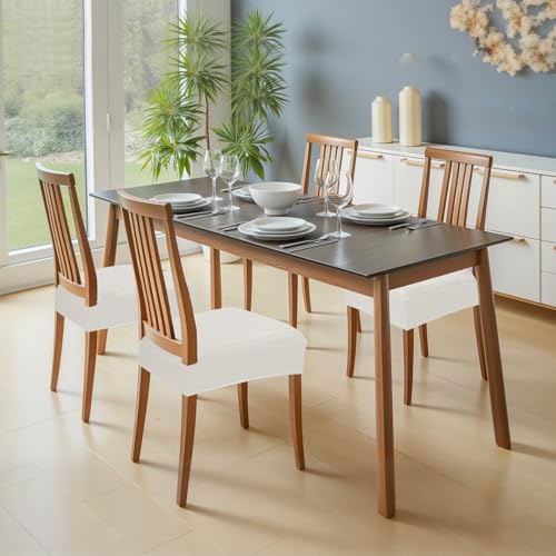 WUSOUPU Leather Seat Covers for Dining Room Chairs Set of 6, Waterproof Kitchen Chair Seat Protector Slipcovers Made of 4-Way High Stretch PU Leather and Rear Covers Design (Cream 6 Pcs) by WUSOUPU - Image 2