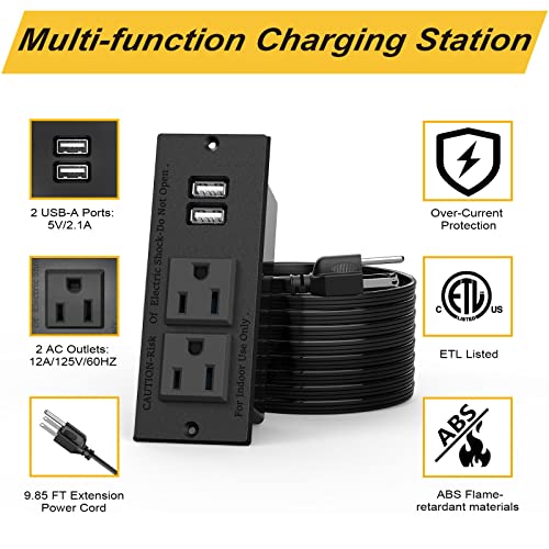 Kungfuking Recessed Power Strip Conference Recessed Outlet Desktop Power Grommet Furniture Flush Mount Desk Outlet Power Socket 2-Socket &2-Usb Ports 9.85 Ft Extension Power Cord, Etl Listed #TOP4