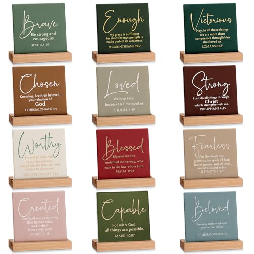 12 Pcs Easter Christian Desk Decor Bible Verse Plaque Mother's Day Religious Ceramic Table Sign with Wooden Stand Inspirational Faith Scripture Gift for Women Office Church Baptism (Warm Color)