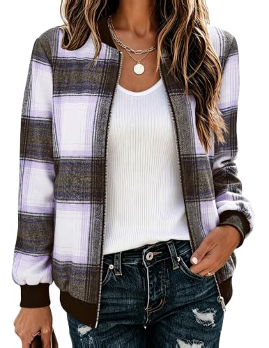 Image of Zeagoo Fall Coats for Women Lightweight Flannel Bomber Jacket Plaid Clothes