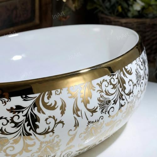 Image of InArt Designer Ceramic finish Wash Basin /Vessel Sink /Over or Above Counter Top Wash Basin for Bathroom Oval Shape, Golden (White, 24 x 16 x 6 Inch)