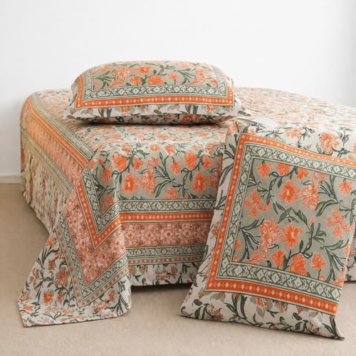 Image of ElanorHomes Cotton Double King Size Bedsheet | Hand Printed | Ultra-Soft & Skin-Safe | Breathable Summer Comfort | 90x108 inches with 2 Pillow Covers (Garden)