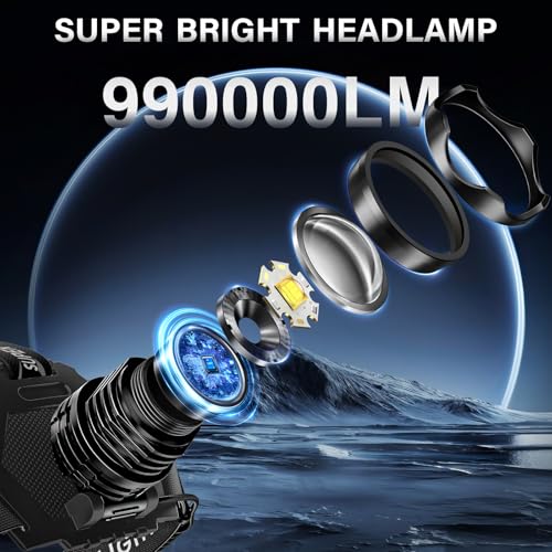 Image of AKNEAR Rechargeable LED Headlamp Super Bright, 99000 High Lumens Head Lamp Zoomable, 25Dys+ Runtime & 12 Mode & Lightweight Comfort & 125 Adjustable Waterproof Head Light for Outdoor