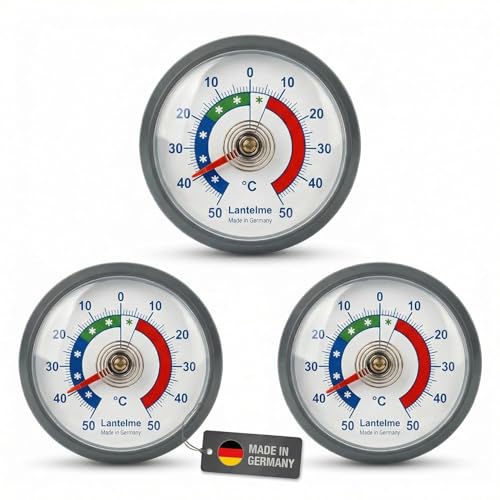 Lantelme 3 Stück Kühlschrankthermometer Set Selbstklebend Temperatur + - 50°C | Thermometer in Grau auch für Gefrierschrank Eisfach Kühltheke Kühlzelle Kühlfach Kühlschrank | Bimetall Analog (Grau)
