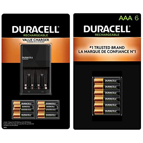 Duracell Ion Speed 1000 Battery Charger for AA and AAA Batteries, Includes 4 AA and 2 AAA Pre-Charged Rechargeable Batteries + Triple A Battery, AAA 6 Count Pack - 12 Count Total