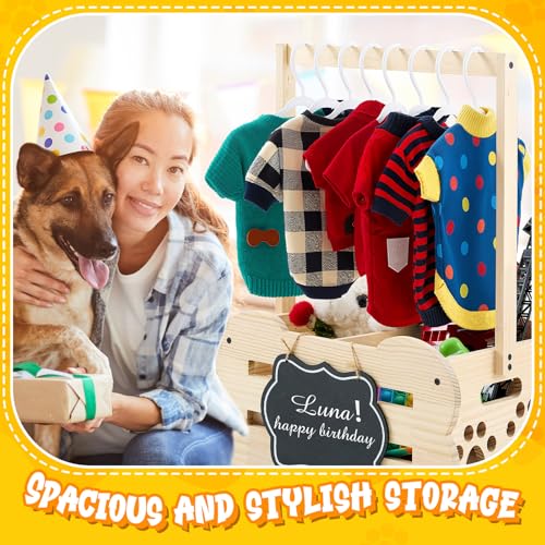 Wooden Dog Wardrobe Closet 20"x15"x9" Pet Goose Outfit Toy Storage Basket Crate with Hanging Rod Bone Shape Organizer Closet for Dog Toy Clothes Accessories with 8 Hanger 10 Clip 1 Small Blackboard - Image 6