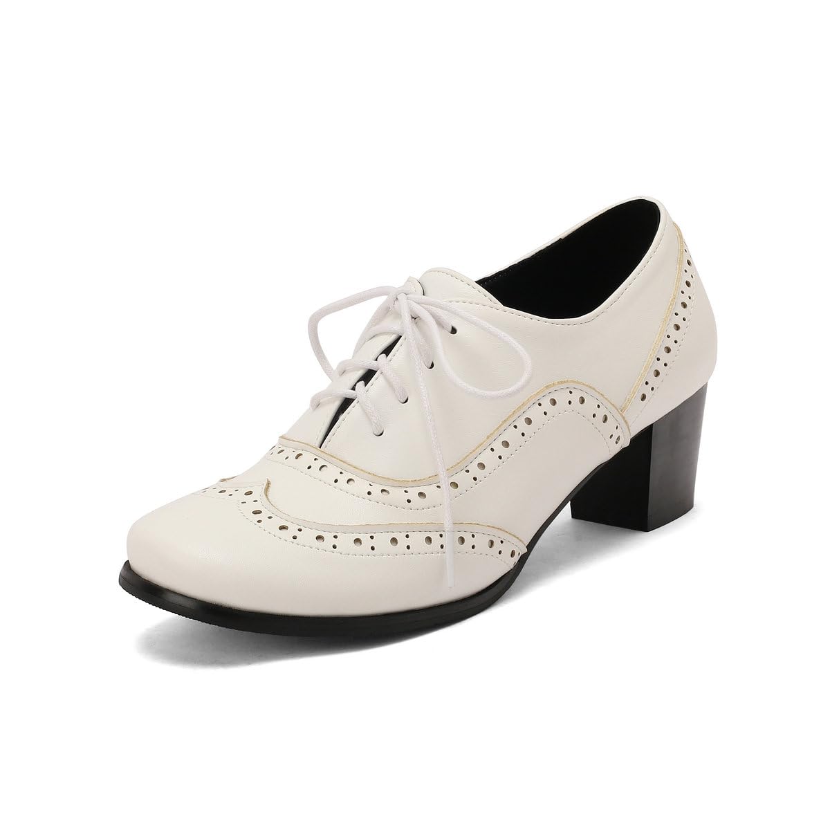 Womens Oxford Heels Round Toe Lace Up Perforated Chunky Heels Vintage Comfort Brogue Oxford Pumps Shoes