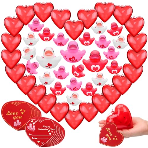 Gemscream 24 Set Rubber Ducks Valentines day Party Favors for Kids Set Include Valentines Day Rubber Ducks, Valentines Day Cards and Heart Shape Box Valentine's Exchange Party Supplies